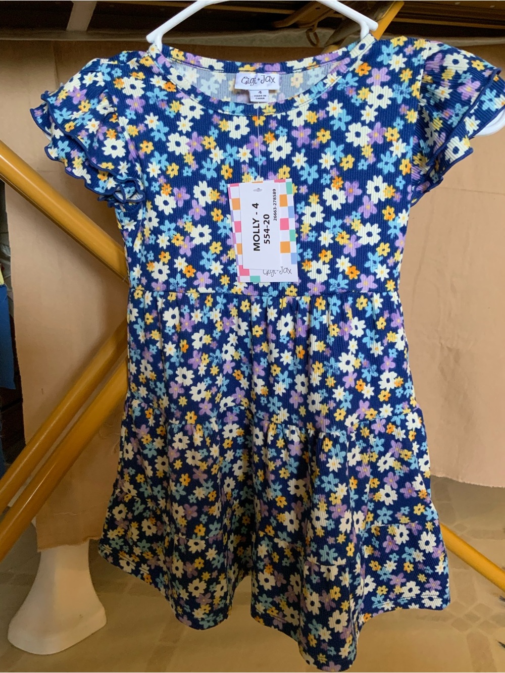 LuLaRoe Navy Floral Flutter Sleeve Dress with Yellow & White Flowers